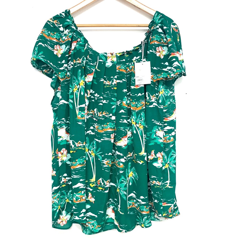 LC Lauren Conrad Green Tropical Palm Tree Blouse‎  Size 3X Flutter  Sleeve New